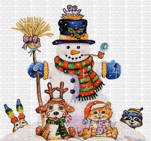 bonhomme de neige et ses amis - GIF animé gratuit