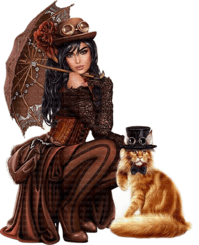 Femme Steampunk et son chat - ücretsiz png