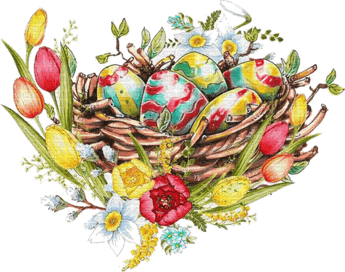 Ostern, Korb, Eier, Blumen - 無料png