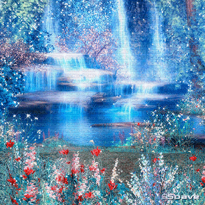 soave background animated waterfall field flowers - Zdarma animovaný GIF