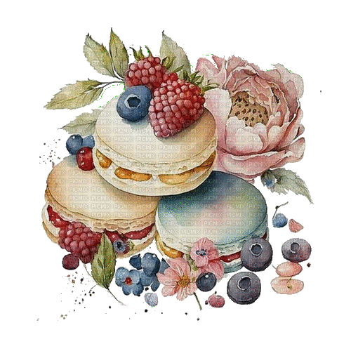 cakes, macaroons raspberries blueberries - GIF animé gratuit