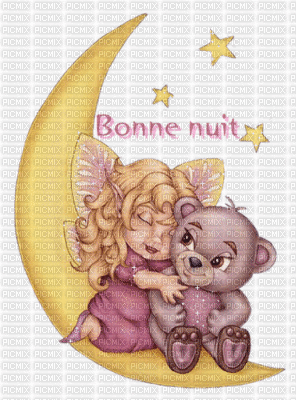 Petite fée & ourson sur lune - BONNE NUIT - 無料のアニメーション GIF