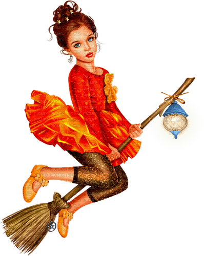 Girl.Witch.Child.Broom.Halloween.Black.Orange - PNG gratuit