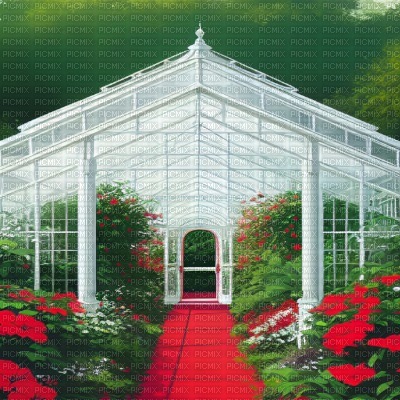 White Greenhouse with Red Hibiscus - PNG gratuit