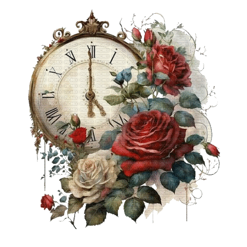 vintage, clock, roses, time, horloge, roses - Безплатен анимиран GIF
