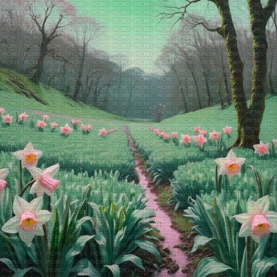 Mint Green Nature Landscape with Pink Daffodils - 免费PNG