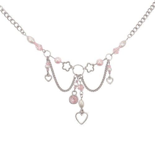 dainty pink and silver star heart necklace - Free PNG