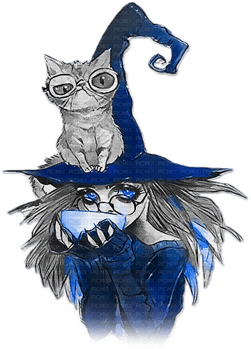 soave woman halloween witch cat black white blue - PNG gratuit