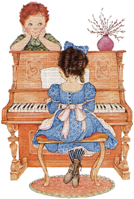 Vintage Animated Boy Girl Children Playing Piano - Free animated GIF
