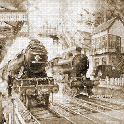 soave background animated vintage train station - Nemokamas animacinis gif