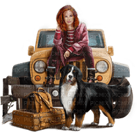 Woman, car, dog. Leila - gratis png