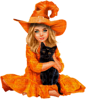 Girl.Witch.Child.Cat.Halloween.Orange.Black - nemokama png