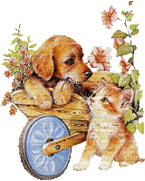 Hund, Katze, Schubkarre, Blumen - Bezmaksas animēts GIF