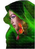 kvinna-woman-ansikte-face-green hood-kapuschong - 免费动画 GIF