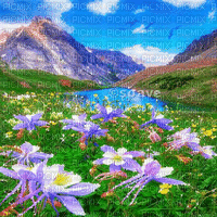 soave background animated  flowers field montain - Gratis animerad GIF