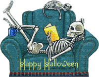 Kaz_Creations Animated Skeleton On Chair Halloween Text - GIF animé gratuit