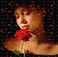 vrouw met roos en hartjes - Gratis geanimeerde GIF