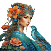 fantasy woman teal orange bird - δωρεάν png