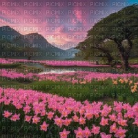 Pink Daffodils and Mountains Landscape - ücretsiz png