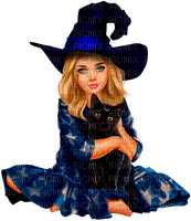 Girl.Witch.Halloween.Cat.Child.Blue.Black - png ฟรี