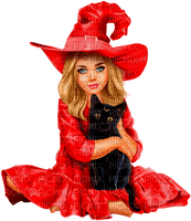 Girl.Witch.Child.Cat.Halloween.Red.Black - nemokama png