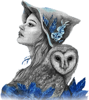 soave woman bird owl fantasy black white blue - Free PNG