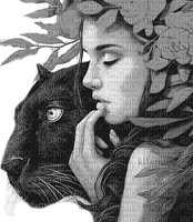 Y.A.M._Fantasy woman girl Panther black-white - png gratuito