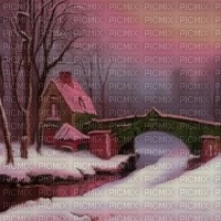 Dark Pink Winter Scene with Green Bridge - PNG gratuit