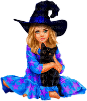 Girl.Witch.Cat.Child.Halloween.Purple.Blue.Black - png gratuito