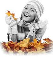 soave woman autumn leaves smile black white - gratis png