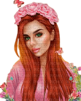 Femme cheveux roux et fleurs et papillon - gratis png