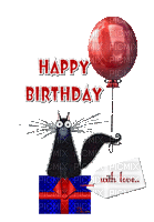 Happy Birthday Cat Chat with Love Balloon - GIF animé gratuit