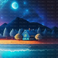 Blue House by Mountain Beach at Night - PNG gratuit