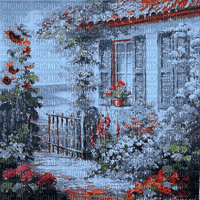 fondo casa jardin  azul rojo gif dubravka4 - Nemokamas animacinis gif