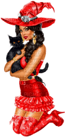 Woman.Witch.Halloween.Cat.Black.Red - Free PNG