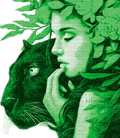 Y.A.M._Fantasy woman girl Panther green - PNG gratuit