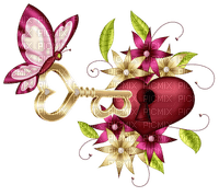 Kaz_Creations Deco Heart Love Hearts Padlock Key Flowers Butterfly - PNG gratuit
