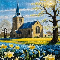 Spring Church with Blue and Yellow Daffodils - PNG gratuit