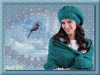 färdig bg-blå-vinter-landskap-kvinna-fågel - gratis png