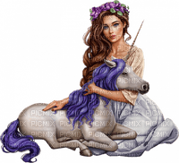 fantasy woman white purple unicorn - PNG gratuit