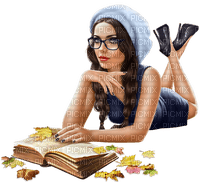 Woman, book, autumn. Leila - gratis png
