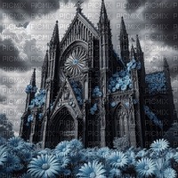Gothic Cathedral with Blue Daisies - PNG gratuit
