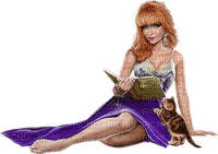 Woman reading. Cat. Book. Leila - gratis png