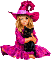Girl.Witch.Child.Cat.Halloween.Purple.Pink.Black - png gratuito