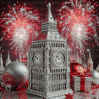 Big Ben Fireworks Silver and Red - Free animated GIF