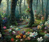 green forest background painting flowers - 無料png