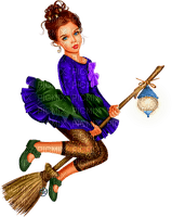 Girl.Witch.Child.Broom.Halloween.Purple.Green - 免费PNG