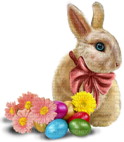 Rabbit.Eggs.Flowers.Brown.Pink.Yellow - PNG gratuit