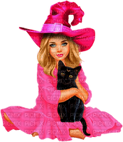 Girl.Witch.Child.Cat.Halloween.Pink.Black - nemokama png