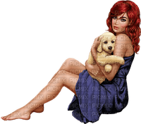 Woman with her dog. Blue dress. Leila - PNG gratuit